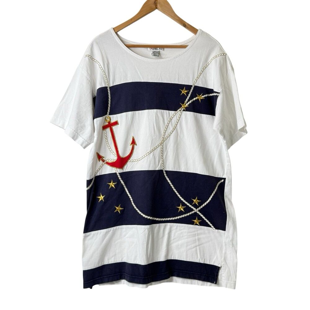 Vintage Talbots 90s Nautical T-Shirt Dress Anchor Applique Coastal Chic One Size